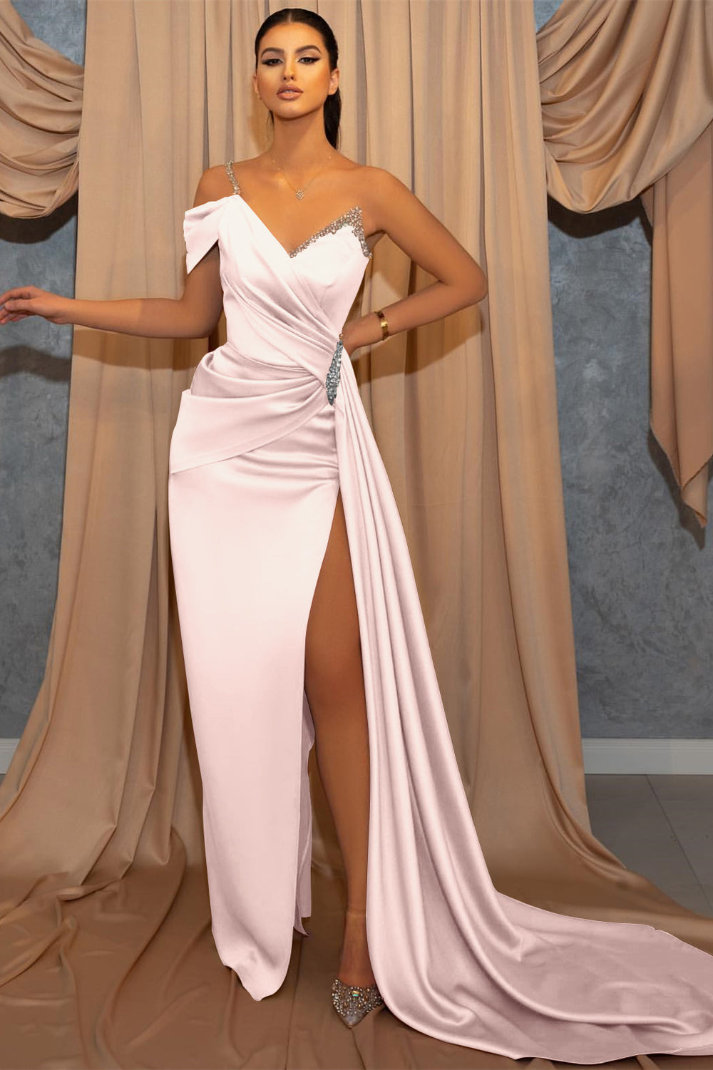 One Shoulder V-Neck Spaghetti-Straps Beads Mermaid Slit Prom Dress with Ruffles