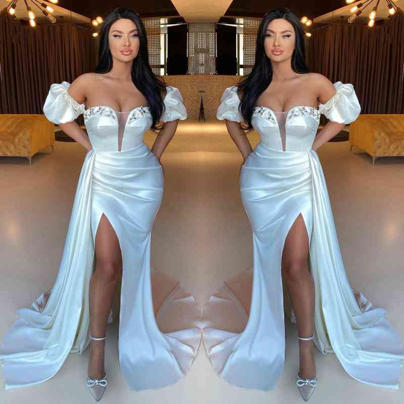 Classy Off-the-Shoulder White Prom Dress Mermaid Slit Pleats With Beads
