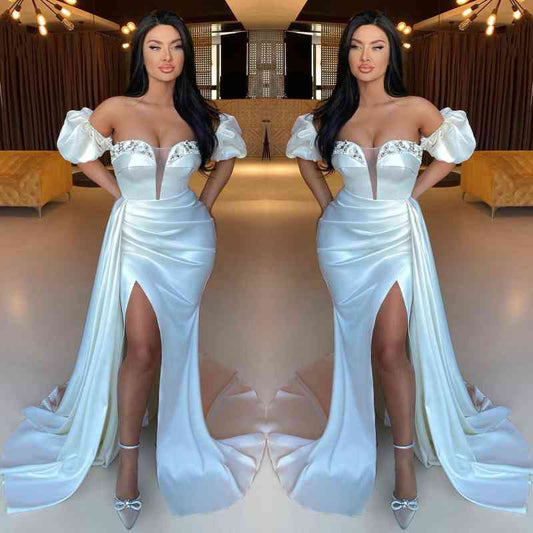 Classy Off-the-Shoulder White Prom Dress Mermaid Slit Pleats With Beads