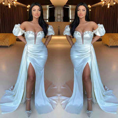 Classy Off-the-Shoulder White Prom Dress Mermaid Slit Pleats With Beads