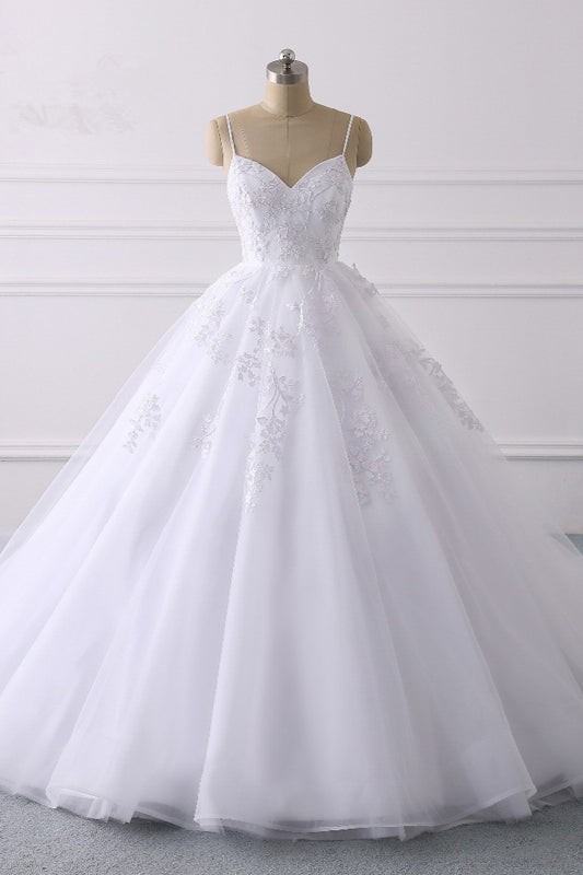 V-Neck Tulle Wedding Dress with Elegant Spaghetti-Straps and Lace Appliques