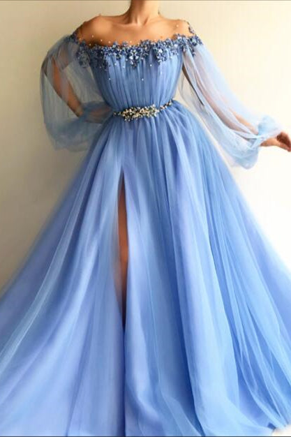 Modern Off-the-Shoulder Long Sleeves Prom Dress With Beads Split