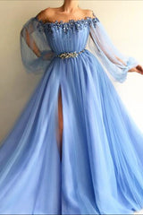 Modern Off-the-Shoulder Long Sleeves Prom Dress With Beads Split