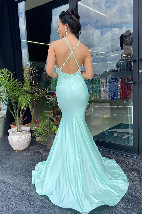 New Arrival Mint Green V-Neck Mermaid Prom Dress Sleeveless Split Long