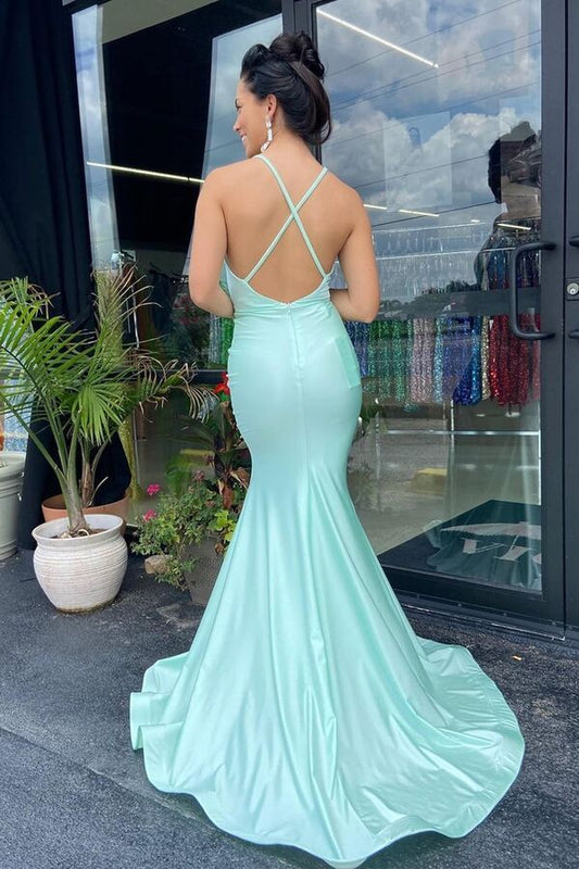 New Arrival Mint Green V-Neck Mermaid Prom Dress Sleeveless Split Long