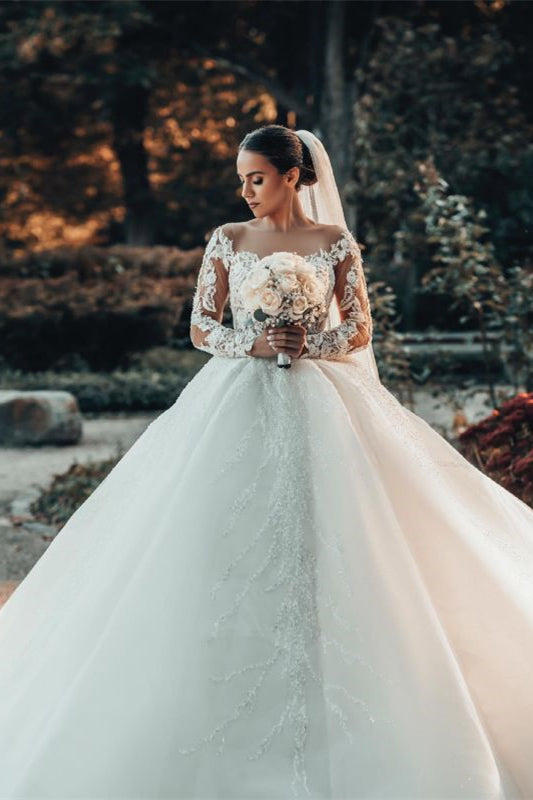 Lace Ball Gown Wedding Dress with Off-The-Shoulder Design