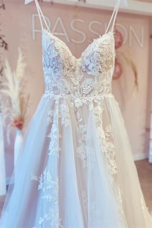 A-Line Wedding Dress with V-Neck and Spaghetti Straps in Tulle Lace