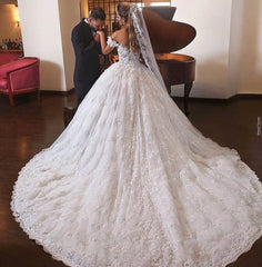 Elegant Off-the-Shoulder Wedding Gown with Lace and Long Train