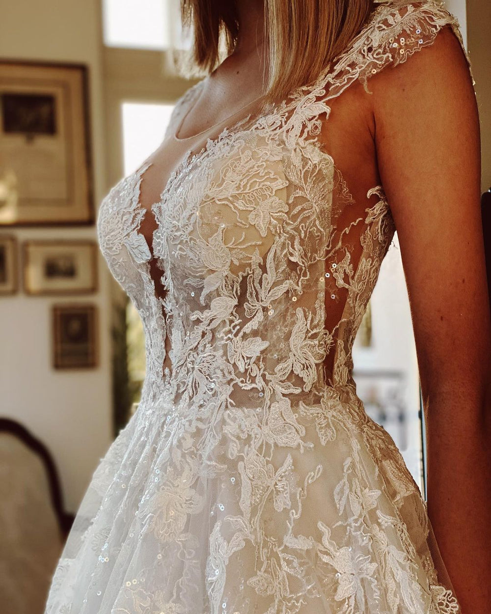 Stunning Backless Lace Bateau Wedding Dress with Appliques and Church Train