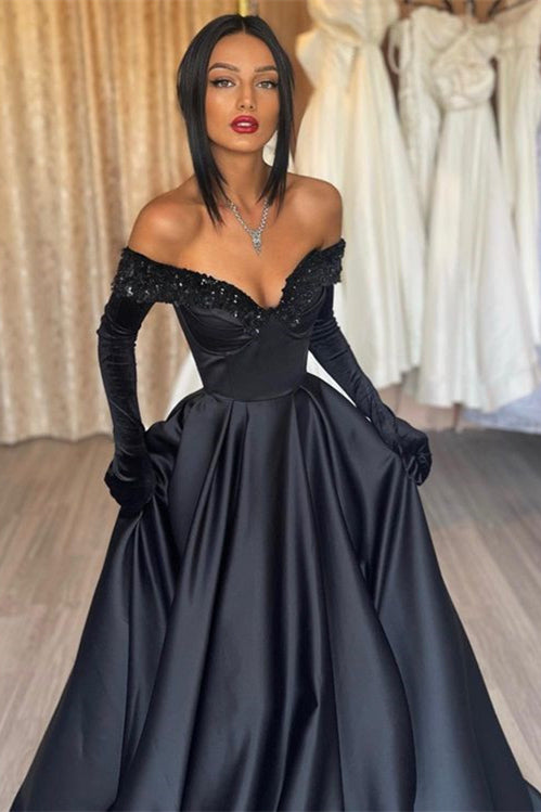 Black Prom Dress Off-The-Shoulder With Gloves Long A Line
