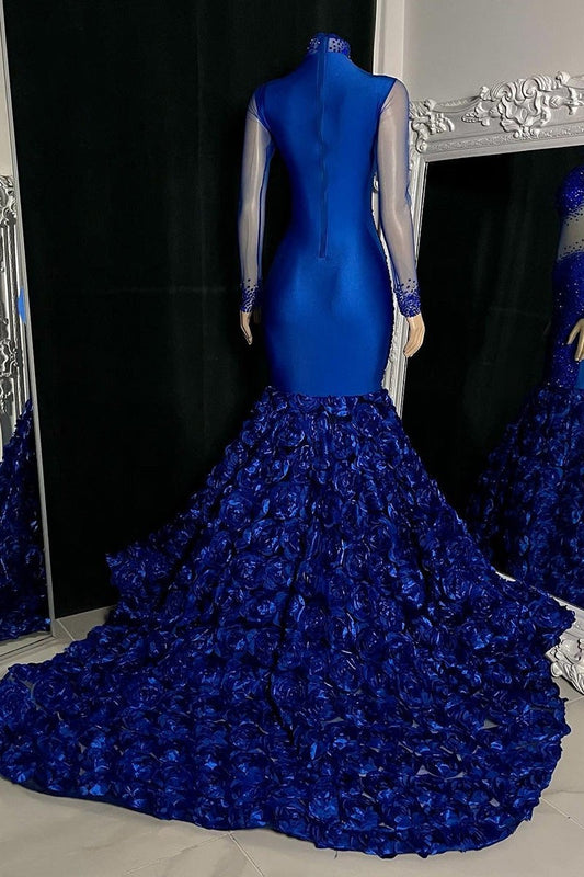 Chic High Neck Long Sleeves Mermaid Prom Dress Flowers Botton With Beads
