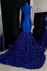 Chic High Neck Long Sleeves Mermaid Prom Dress Flowers Botton With Beads