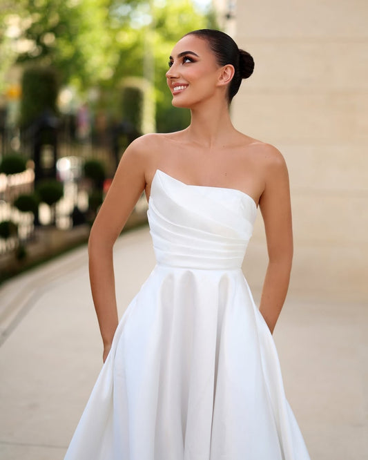 Royal White Sleeveless Strapless Square A-Line Prom Dress