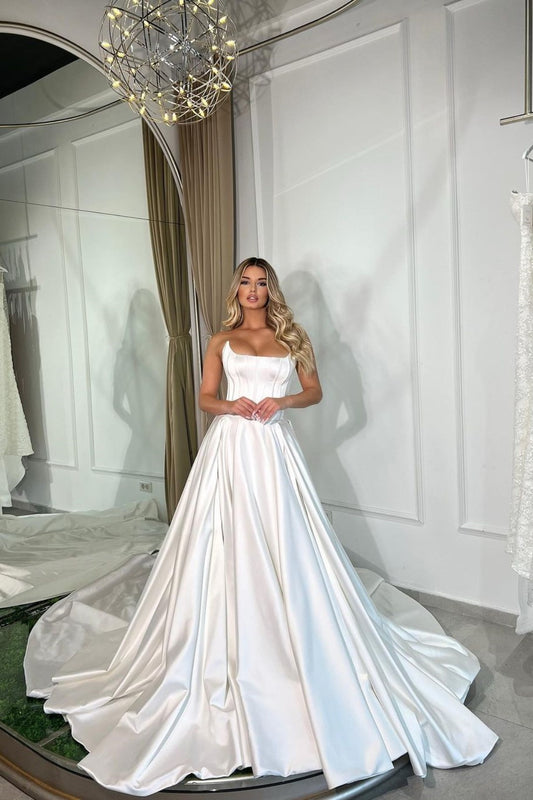 Sleeveless A-Line White Charmeuse Long Wedding Prom Dress