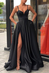 Stunning Black Spaghetti-Straps Long Prom Dress With Pocket Front Slit