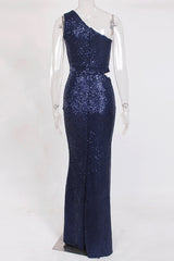 One Shoulder Sequins Prom Dress Long Mermaid Party Gowns With Slit