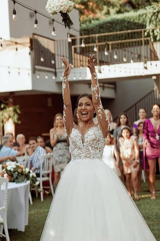Sheer A-line Wedding Gown with Modern Long Sleeves and Tulle Lace