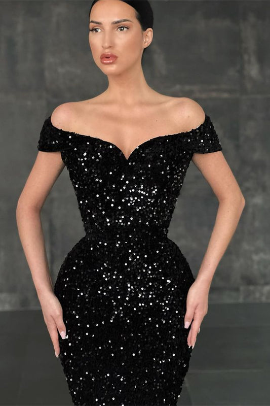 Gorgeous Black Off-the-Shoulder Mermaid Prom Dress Sequins