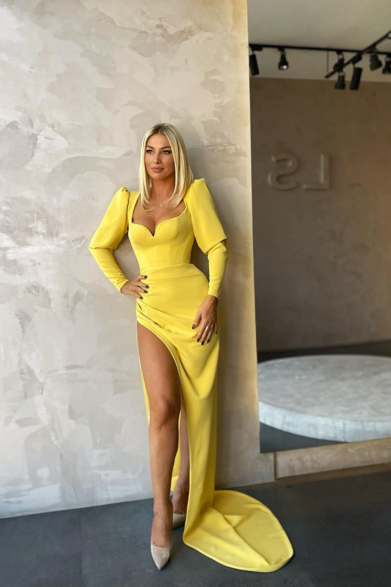 New Arrival Lemon Yellow Long Sleeves Prom Dress Mermaid With Split