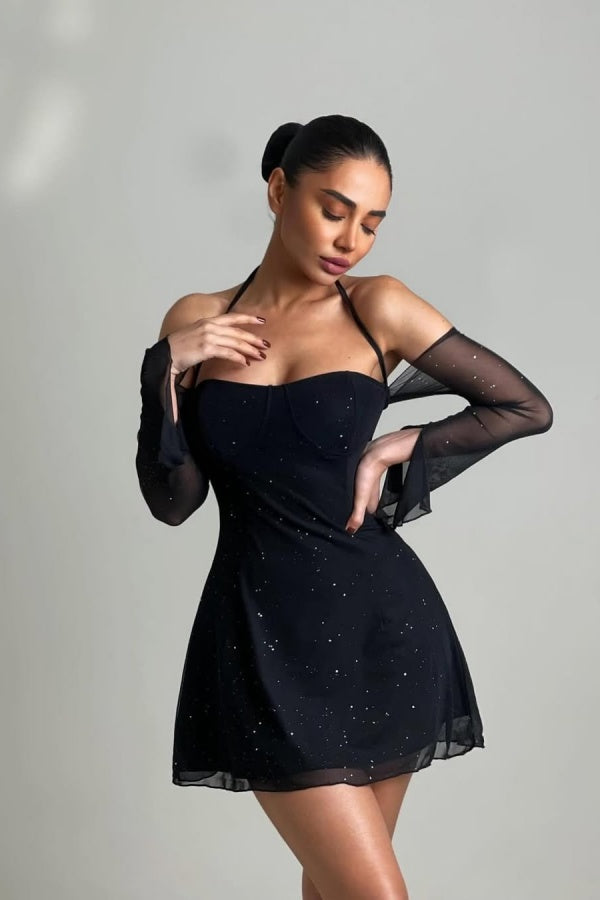 Black Halter Short Tulle Prom Dress A-Line Long Sleeves with Sequins