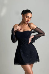 Black Halter Short Tulle Prom Dress A-Line Long Sleeves with Sequins