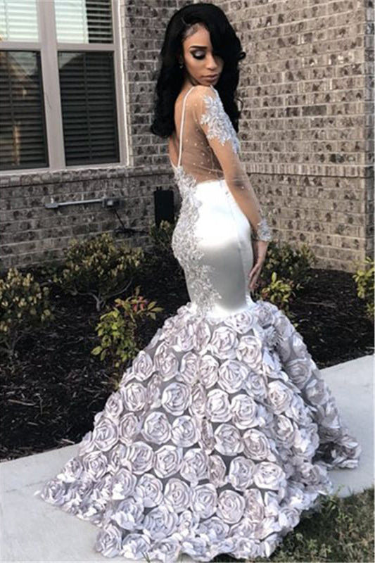 Chic Silver Long Sleeves Prom Dress Mermaid With Flowers Bottom