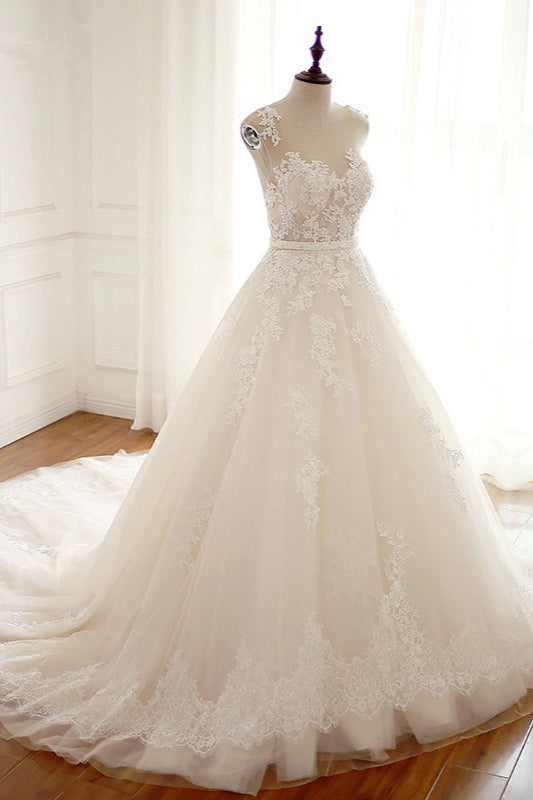 Long A-line Wedding Dress in Elegant Jewel Tulle with Lace Appliques