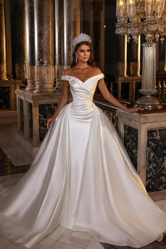 Sweetheart Backless Satin A-Line Off-The-Shoulder Bridal Gown with Ruffled Appliques