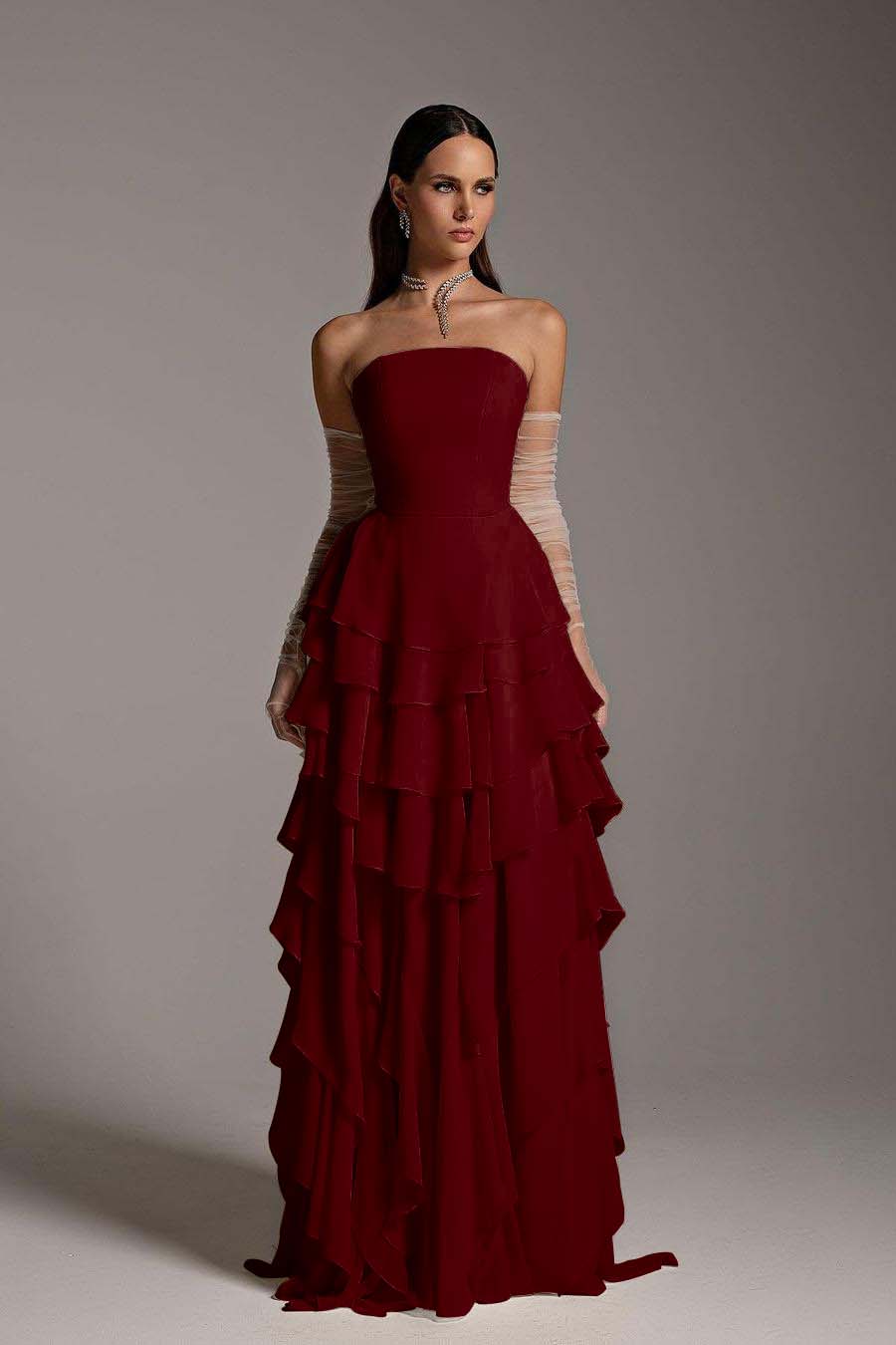 Charming Strapless Sleeveless Square Ruffles Long Prom Dress With Gloves