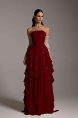 Charming Strapless Sleeveless Square Ruffles Long Prom Dress With Gloves