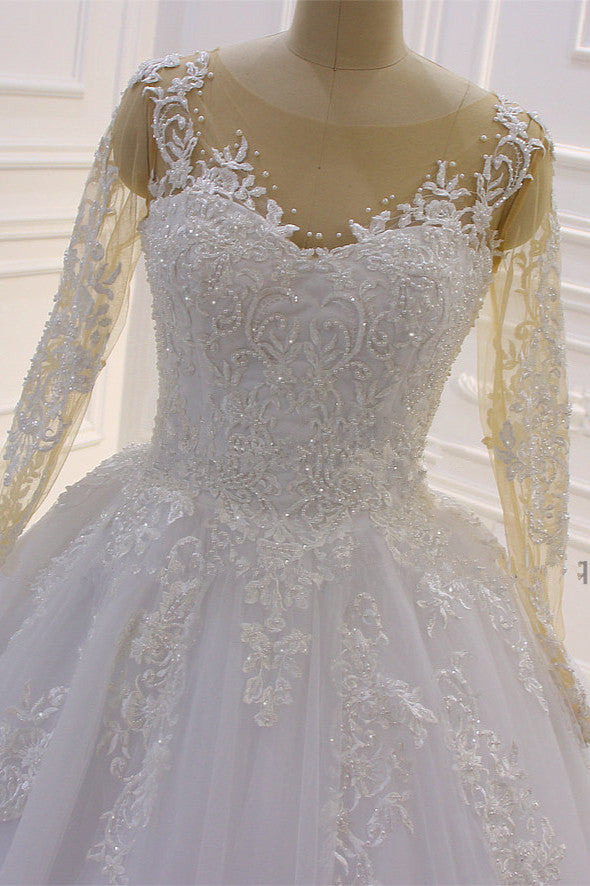 Graceful Long-Sleeve Lace A-Line Bateau Bridal Gown Featuring Pearl Tulle Appliques