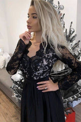 Amazing Black Long Sleevs Split Prom Dress With Lace Appliques