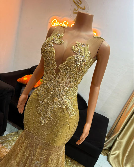 Modern Gold Scoop Sleeveless Prom Dress Mermaid Long With Beadings Sequins