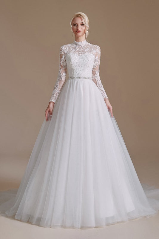 Elegant A-line Wedding Gown with High Neck, Long Sleeves, and Tulle Lace