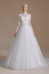 Elegant A-line Wedding Gown with High Neck, Long Sleeves, and Tulle Lace