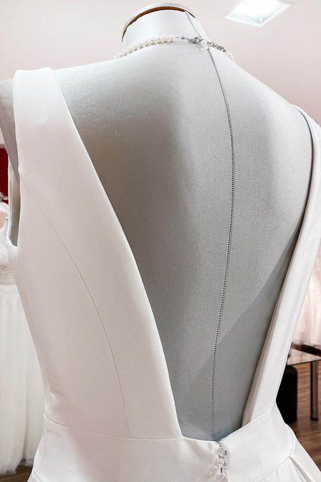 Elegant V-Neck A-Line Long Satin Wedding Dress Featuring Ruffles and Open Back