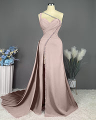 Fuchsia Evening Dress Long One Shoulder With Slit Pleated Beadings