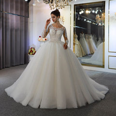 Sophisticated Floor-length A-Line Wedding Gown with Bateau Neckline, Long Sleeves, and Lace Appliques Sequins