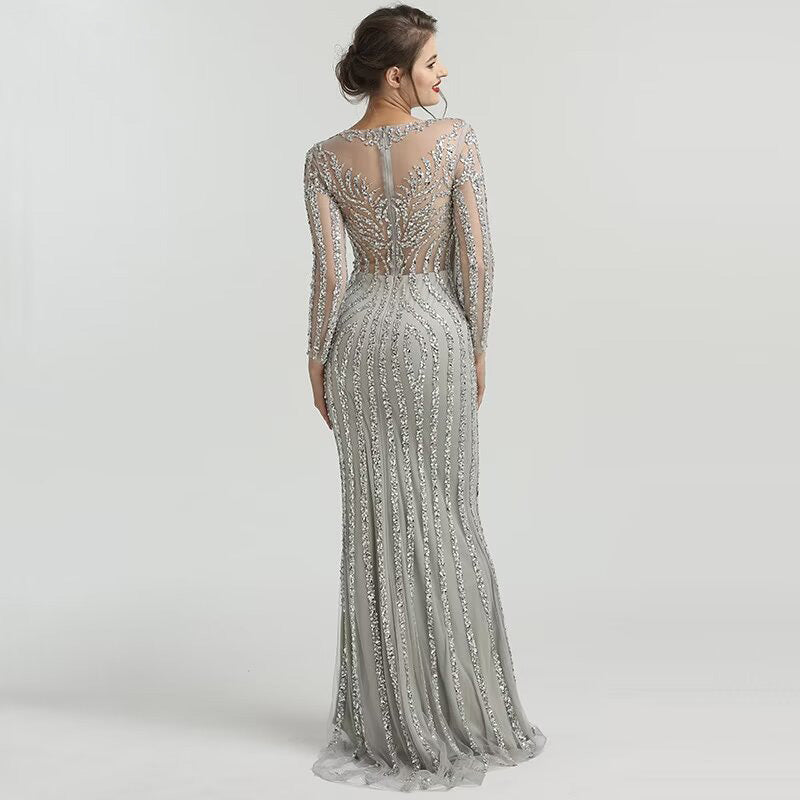 Grey Luxury Long Sleeves Sparkly Evening Dress Mermaid Sexy Diamond Beading Formal Dress