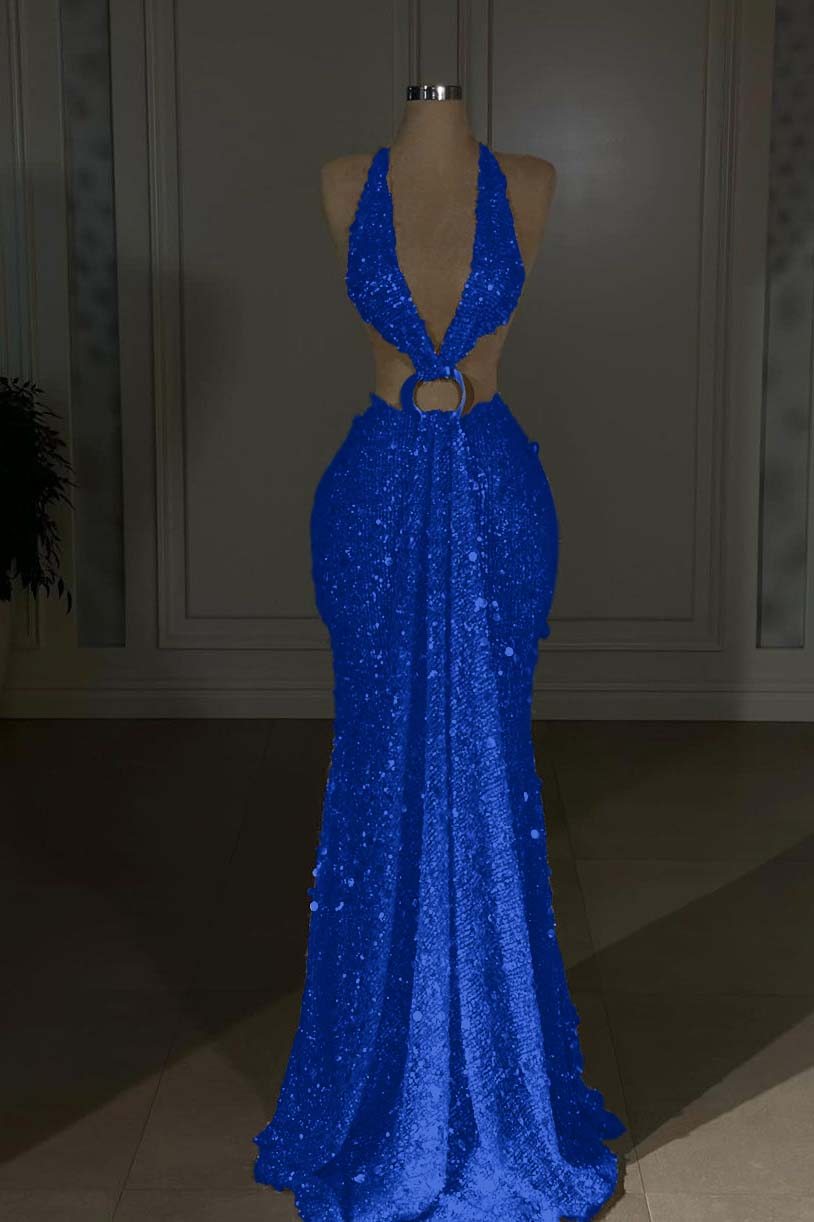 Glamorous Gold Halter Backless Sequin Evening Dress