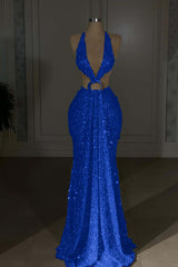 Glamorous Gold Halter Backless Sequin Evening Dress