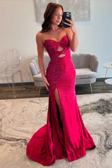 Fuchsia Sleeveless Strapless V-Neck Beaded Split Prom Dress