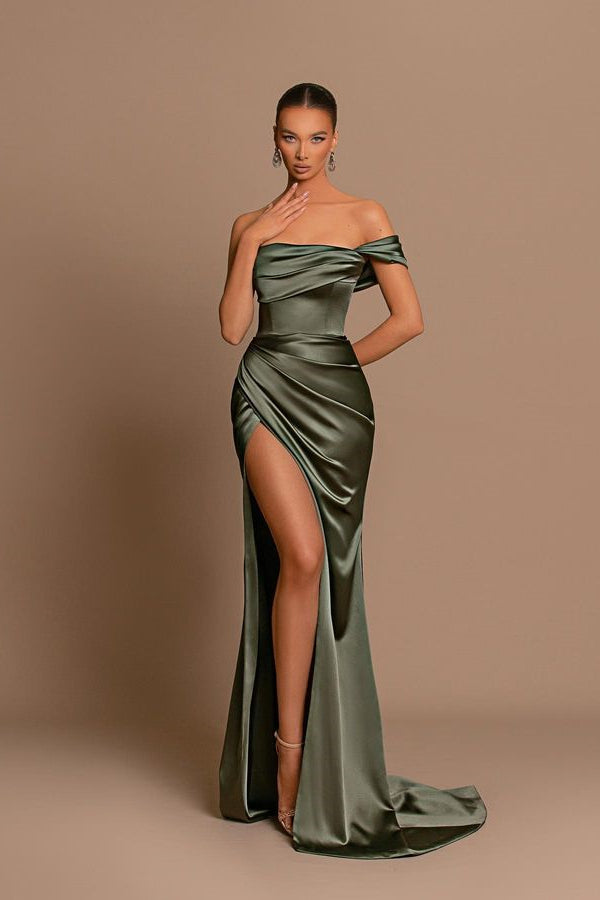 Gorgeous Off-the-Shoulder Mermaid Long Prom Dress Slit With Pleats Online