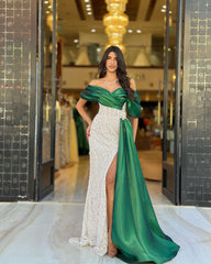 Glamorous Green Off the Shoulder Prom Dress Sequin Slit