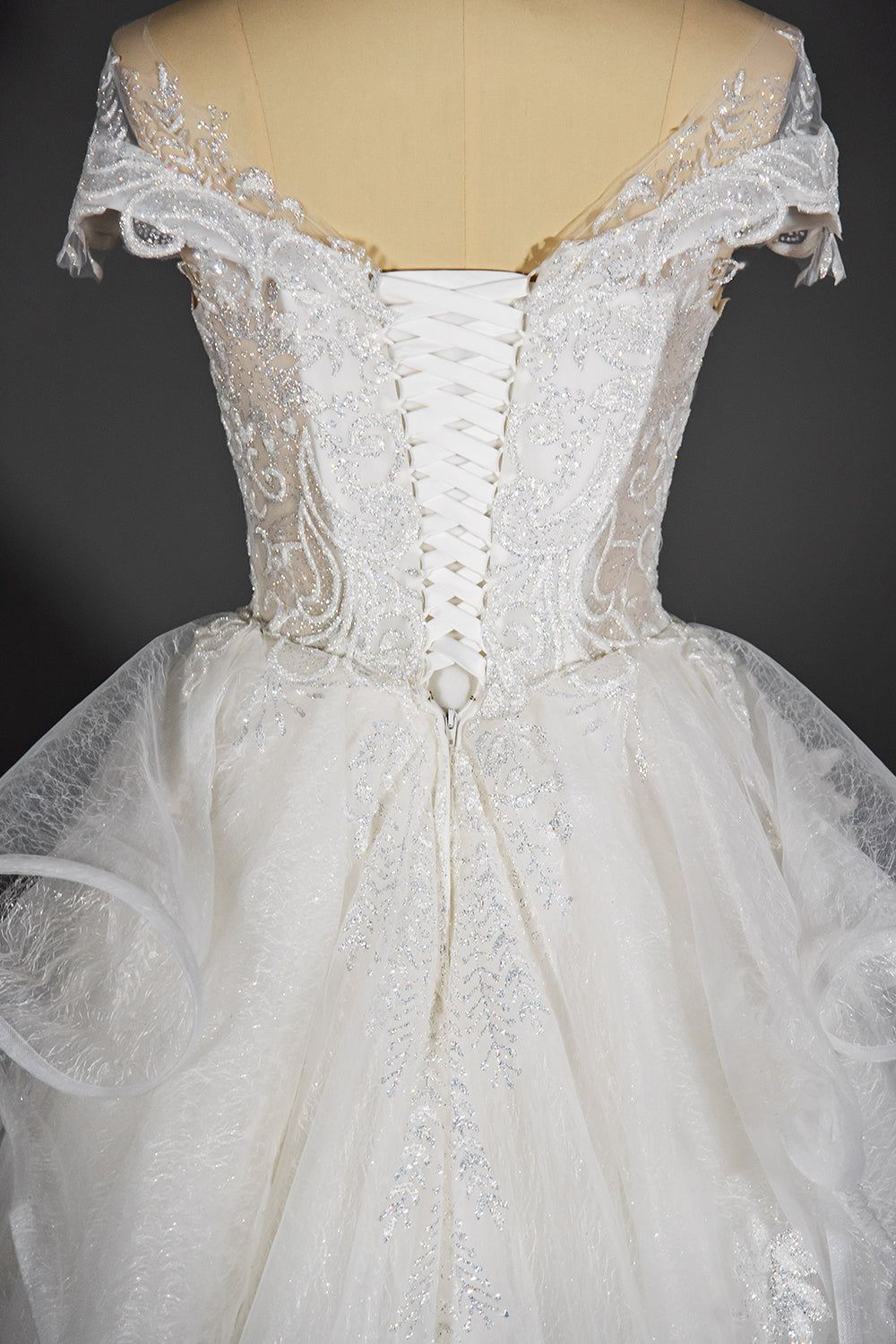 Wedding Ball Gown with Vintage Sequins, Tulle Appliques, and Ruffles
