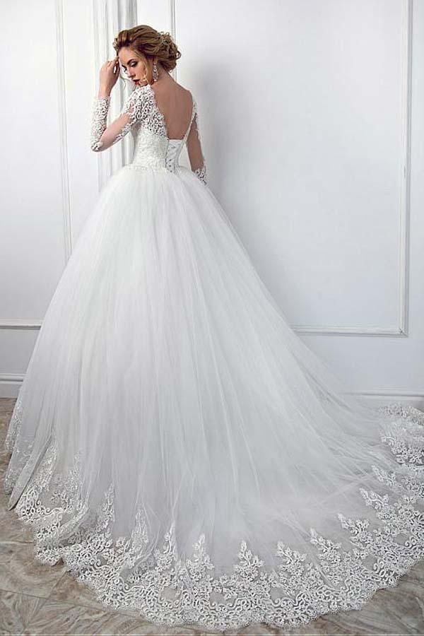 Elegant Long-Sleeve Jewel Ball Gown Wedding Dress in Tulle Lace