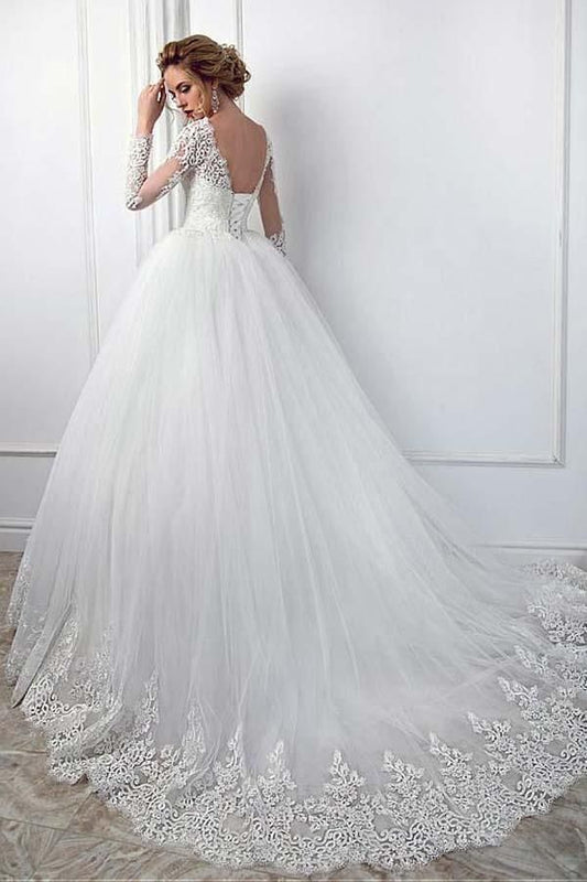Elegant Long-Sleeve Jewel Ball Gown Wedding Dress in Tulle Lace