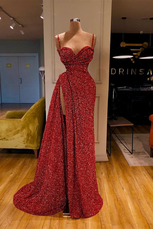 Charming Spaghetti-Straps Sleeveless Burgundy Prom Dress Long Sequins With Split