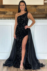 Gorgeous Black One Shoulder Mermaid Prom Dress Sequins With High Split  Detachable Skirt