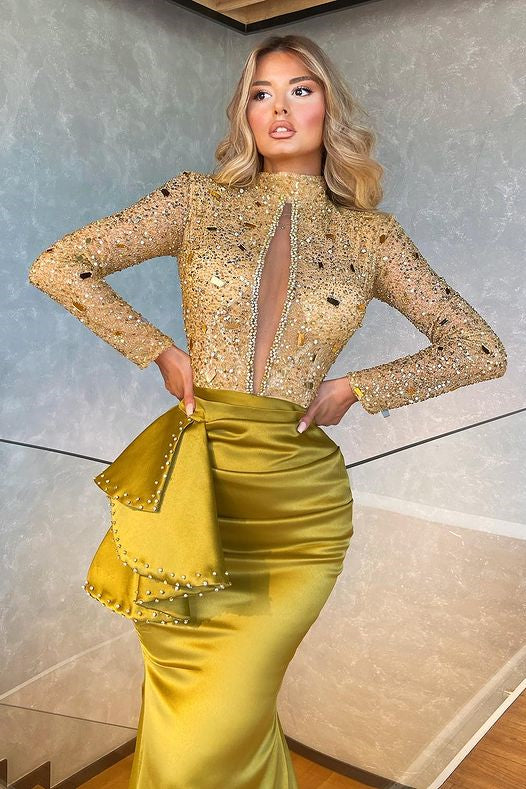Amazing Long Sleeves High Neck Keyhole Prom Dresss Mermaid With Beads